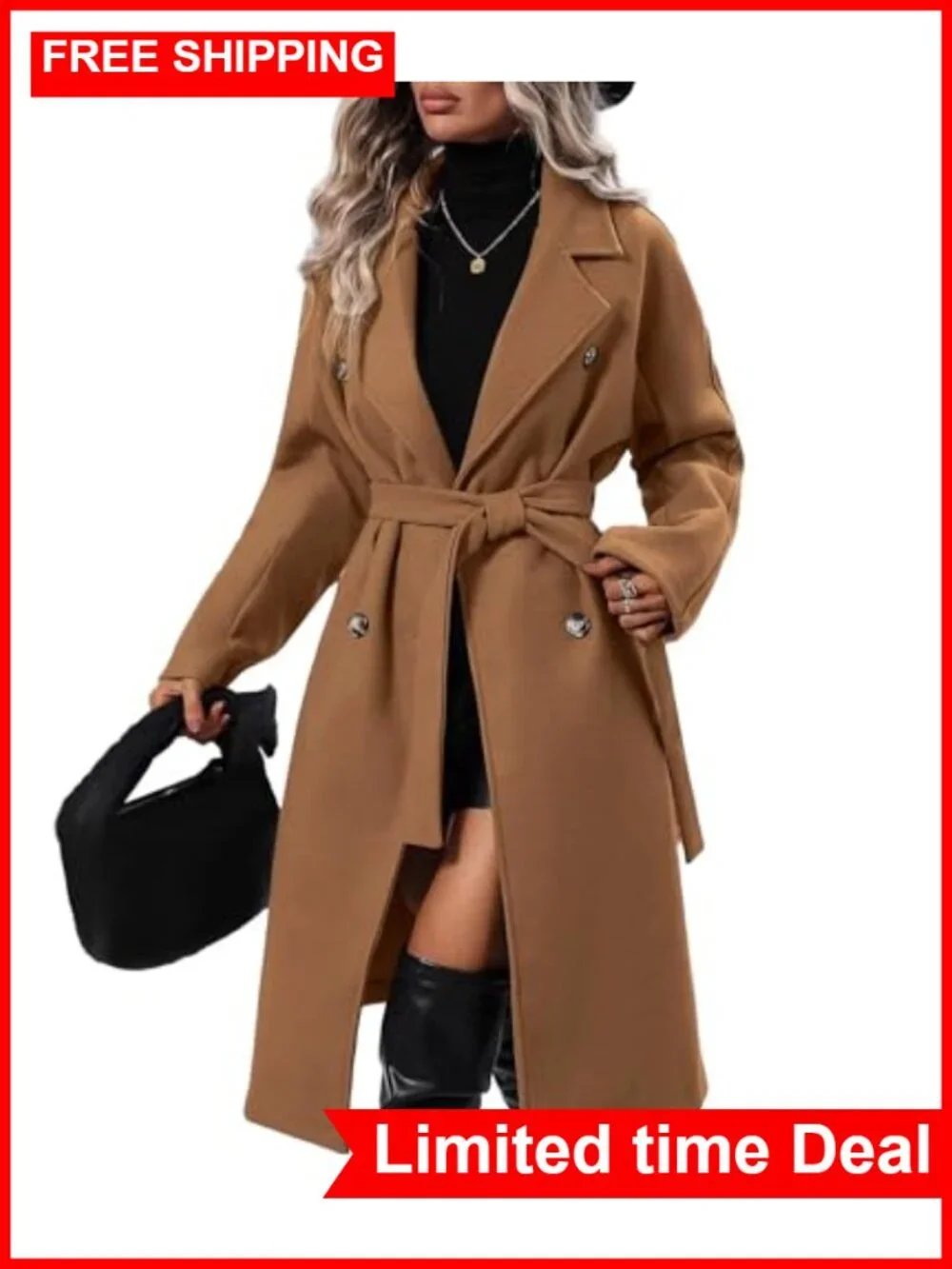 Wool Blend Long Pea Coat Double Breasted Belted Trench Coat